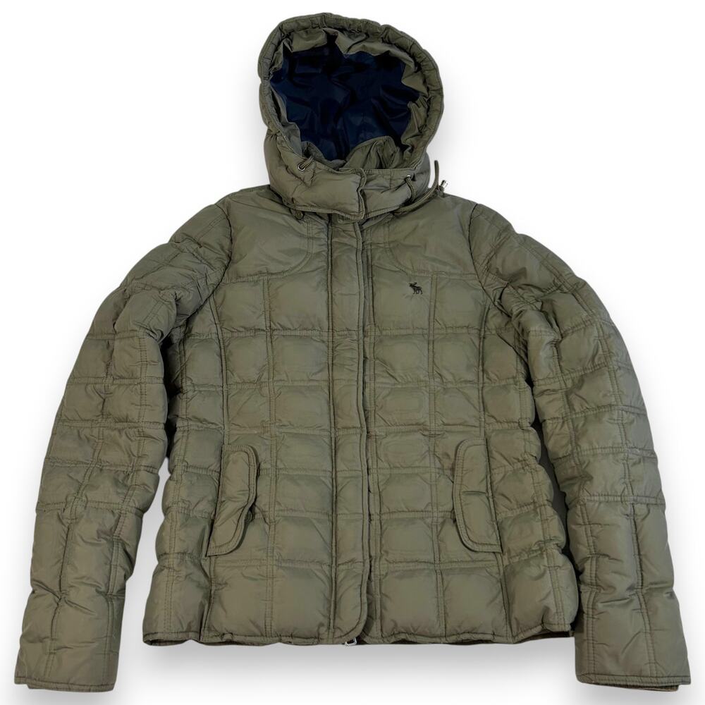 Abercrombie & Fitch Womens L Coat Quilted Puffer Down Lined Hooded Olive Green